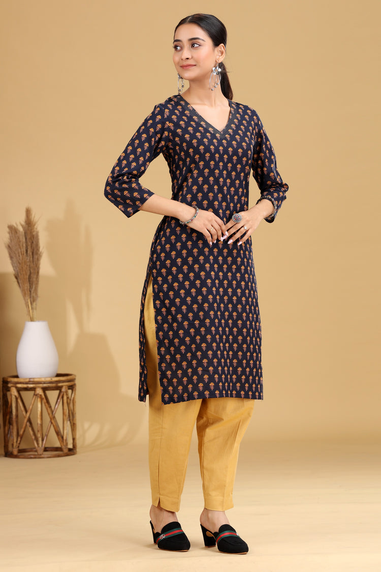 Navy Blue Floral Printed Cotton Straight Kurta