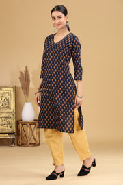 Navy Blue Floral Printed Cotton Straight Kurta for women