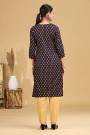 Navy Blue Floral Printed Cotton Straight Kurta for women