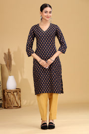 Navy Blue Floral Printed Cotton Straight Kurta for women