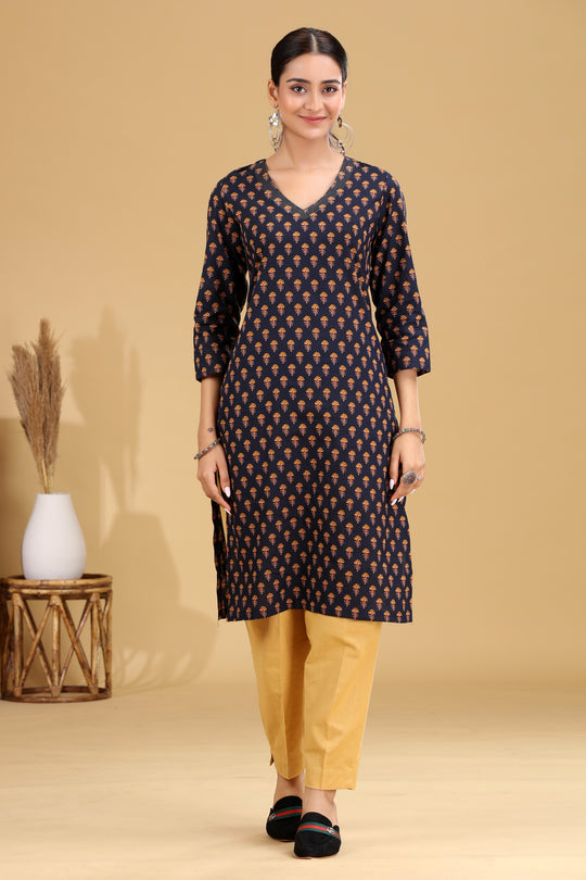 Navy Blue Floral Printed Cotton Straight Kurta for women