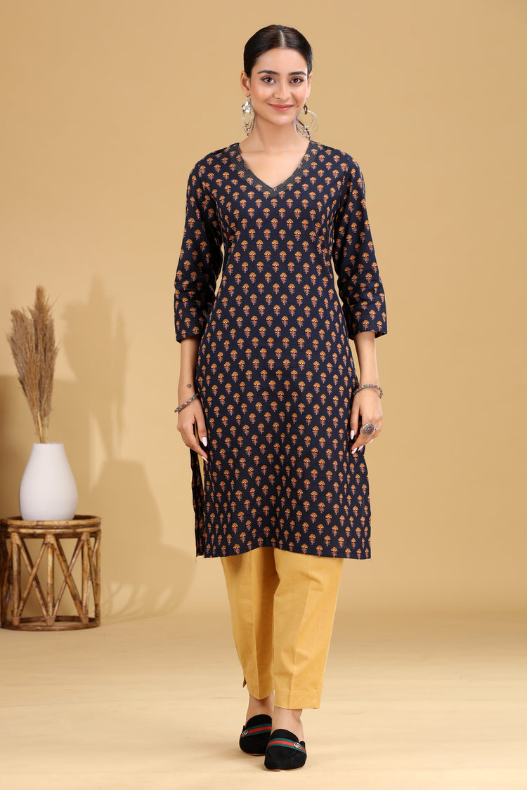 Navy Blue Floral Printed Cotton Straight Kurta for women