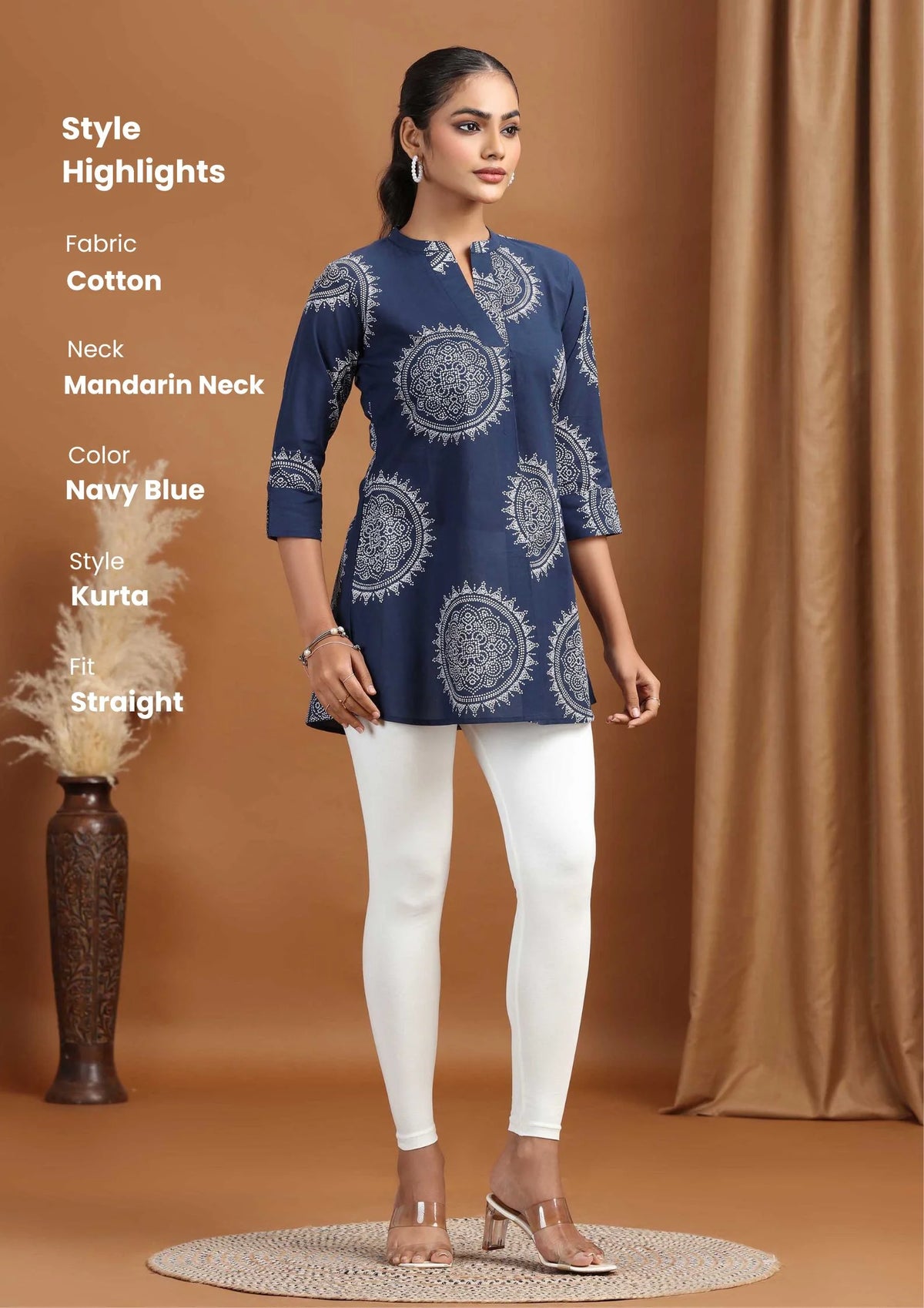 Navy Blue Floral Printed Cotton Tunic