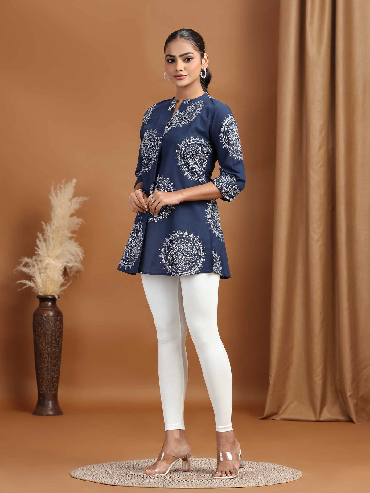 Navy Blue Floral Printed Cotton Tunic