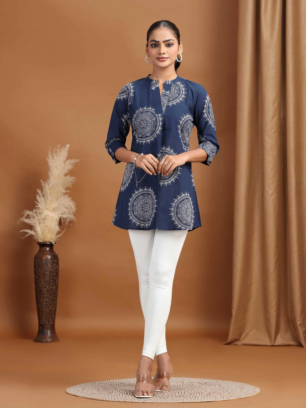 Navy Blue Floral Printed Cotton Tunic