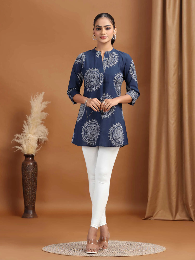 Navy Blue Floral Printed Cotton Tunic