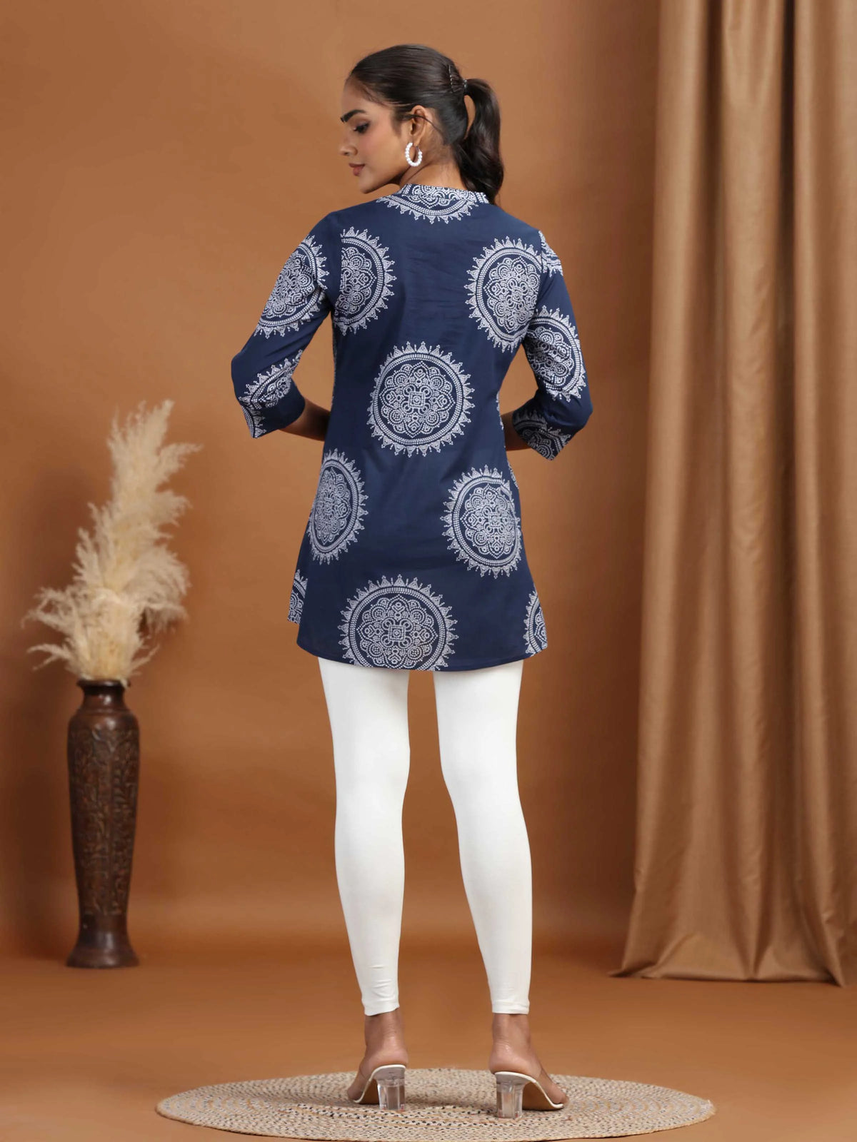Navy Blue Floral Printed Cotton Tunic