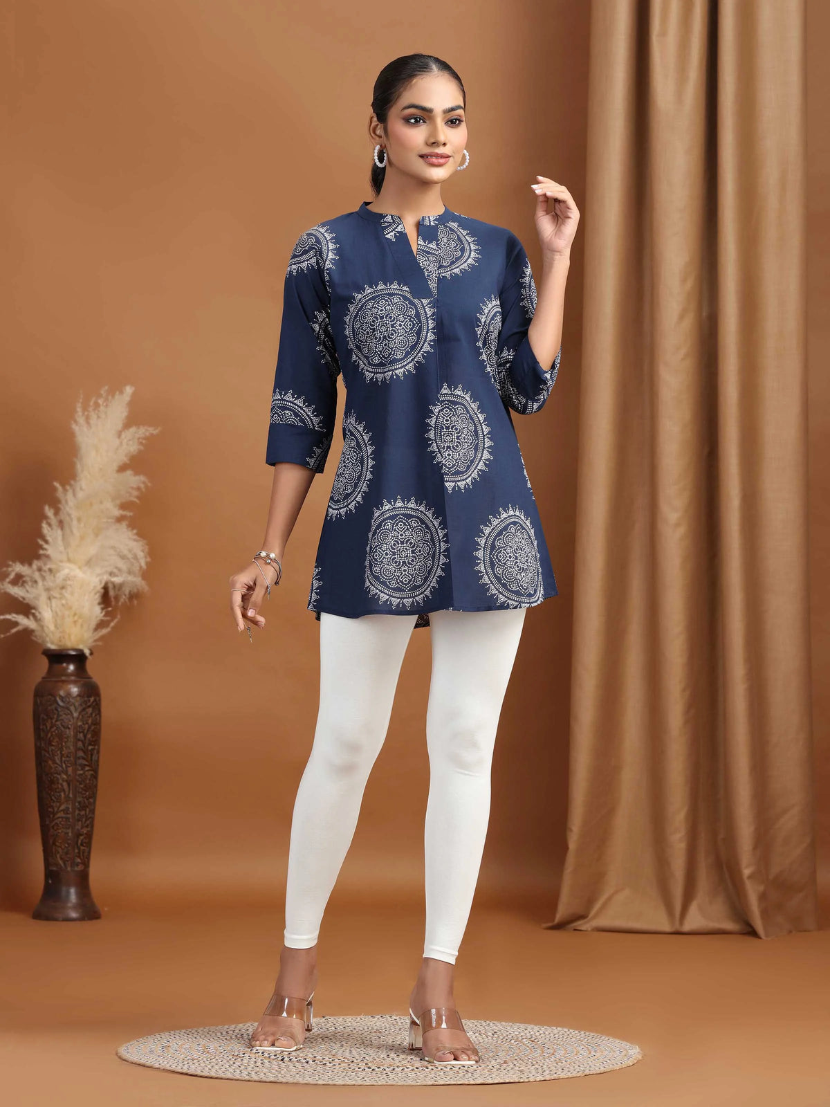Navy Blue Floral Printed Cotton Tunic