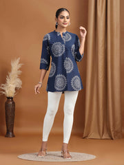 Navy Blue Floral Printed Cotton Tunic