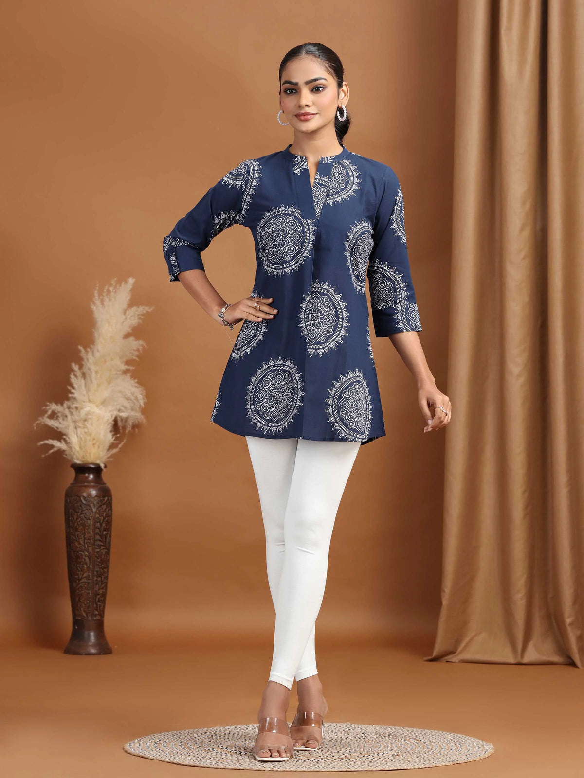 Navy Blue Floral Printed Cotton Tunic
