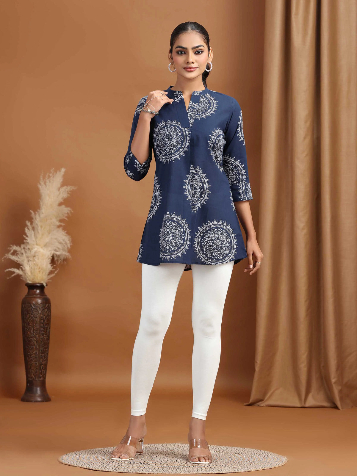 Navy Blue Floral Printed Cotton Tunic