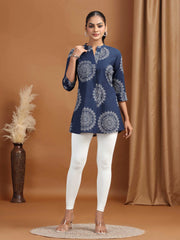 Navy Blue Floral Printed Cotton Tunic