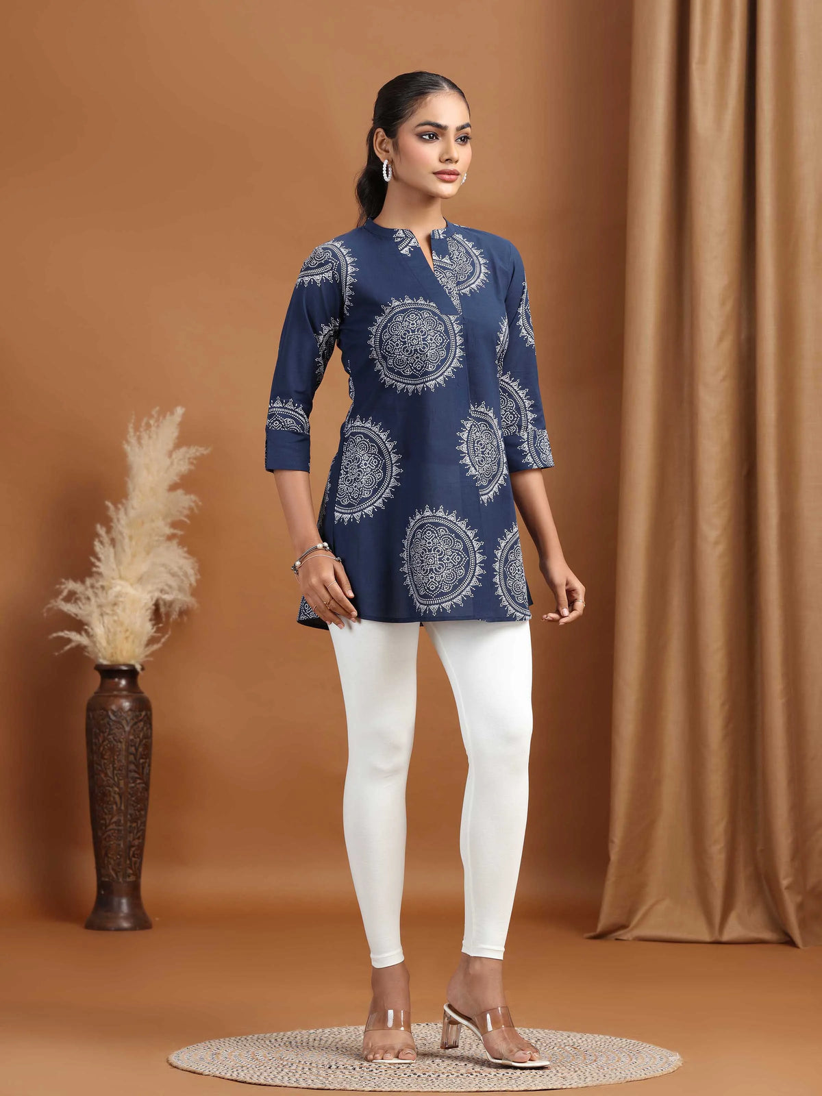 Navy Blue Floral Printed Cotton Tunic