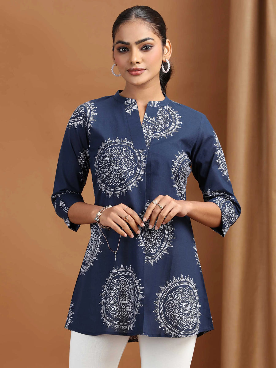 Navy Blue Floral Printed Cotton Tunic