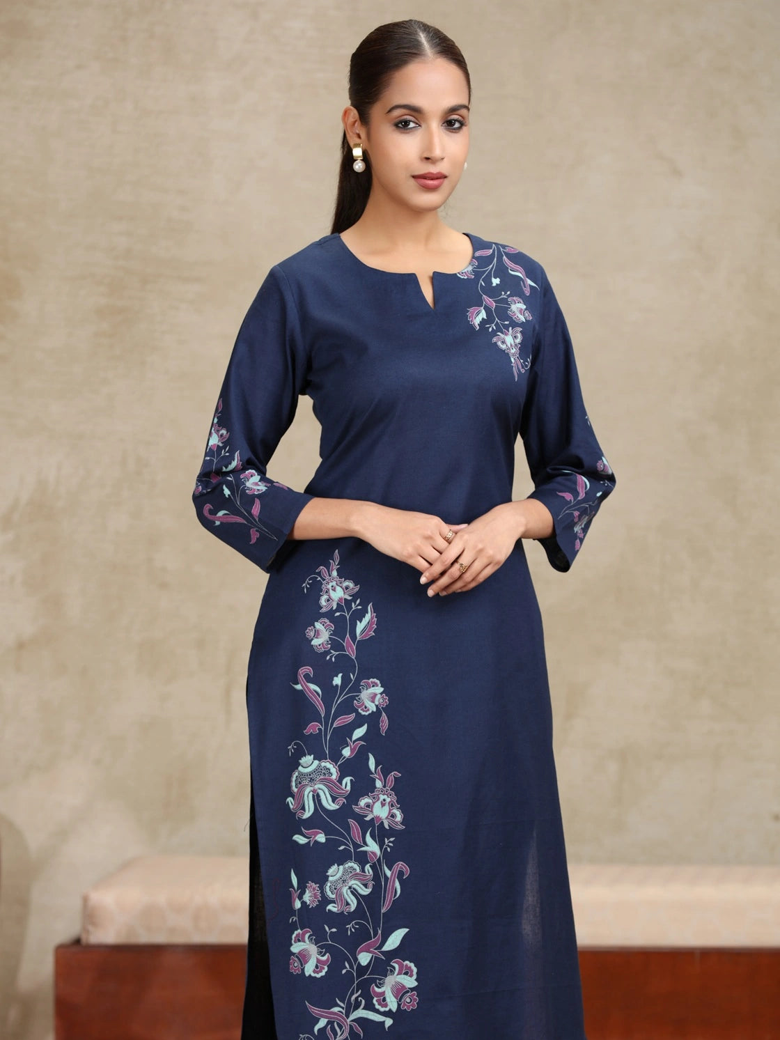 Navy Blue Floral Printed Straight Cotton Kurta