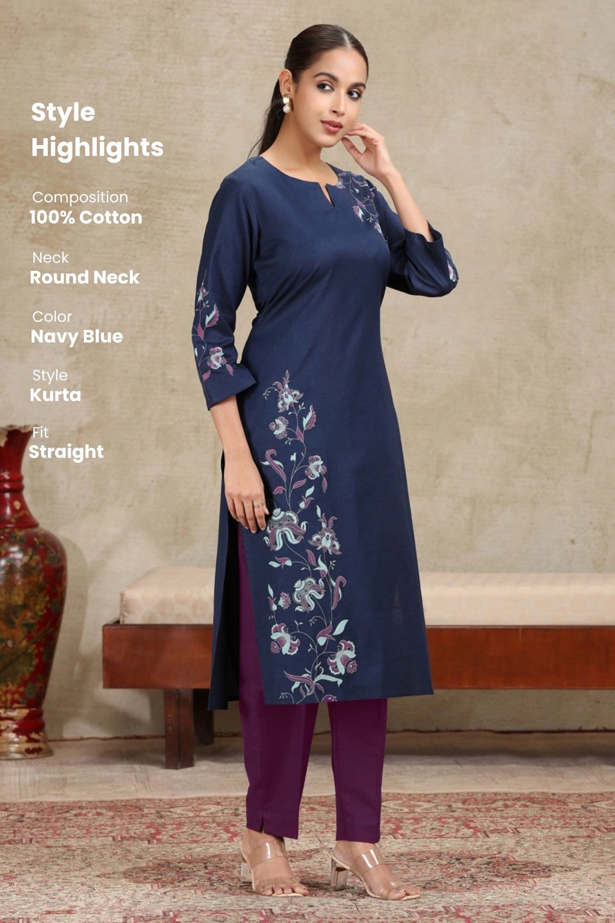 Navy Blue Floral Printed Straight Cotton Kurta
