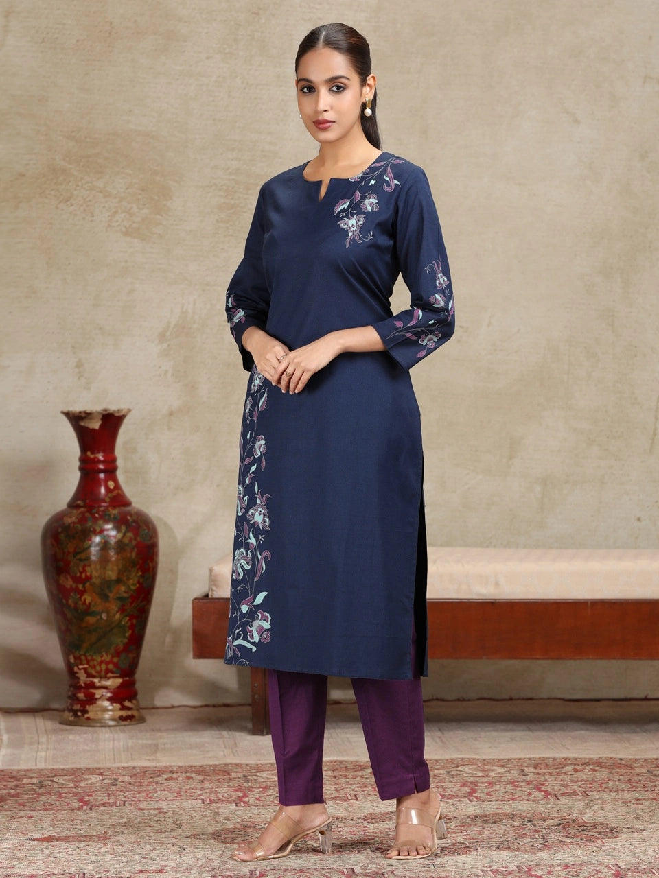Navy Blue Floral Printed Straight Cotton Kurta