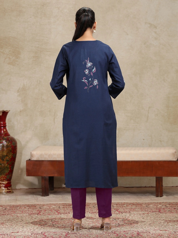 Navy Blue Floral Printed Straight Cotton Kurta