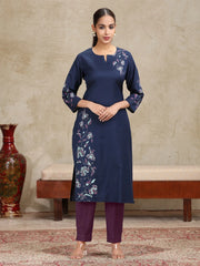 Navy Blue Floral Printed Straight Cotton Kurta