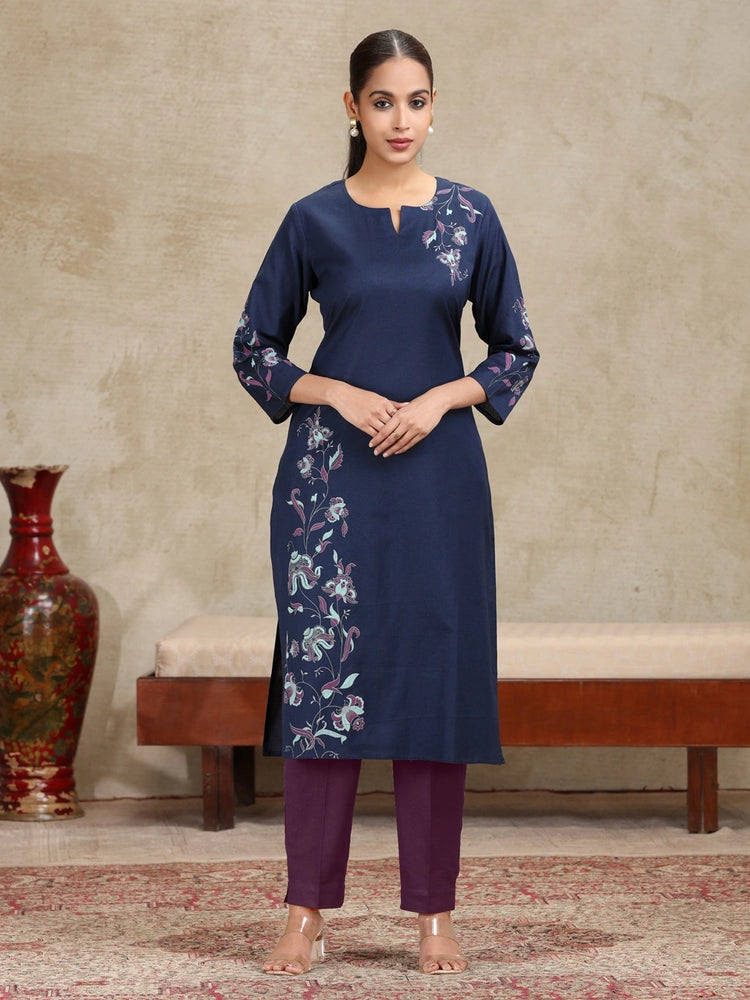Navy Blue Floral Printed Straight Cotton Kurta