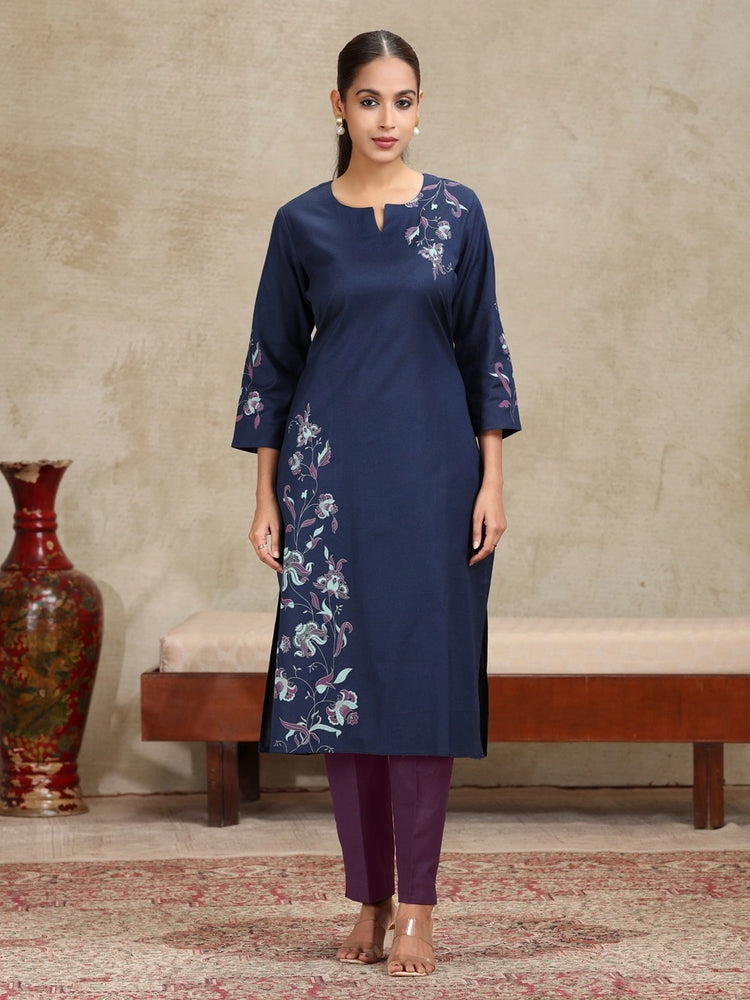 Navy Blue Floral Printed Straight Cotton Kurta