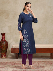 Navy Blue Floral Printed Straight Cotton Kurta