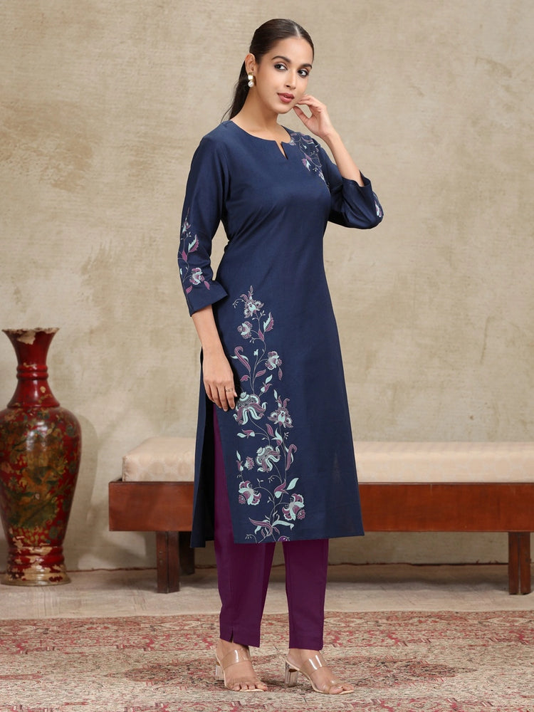 Navy Blue Floral Printed Straight Cotton Kurta