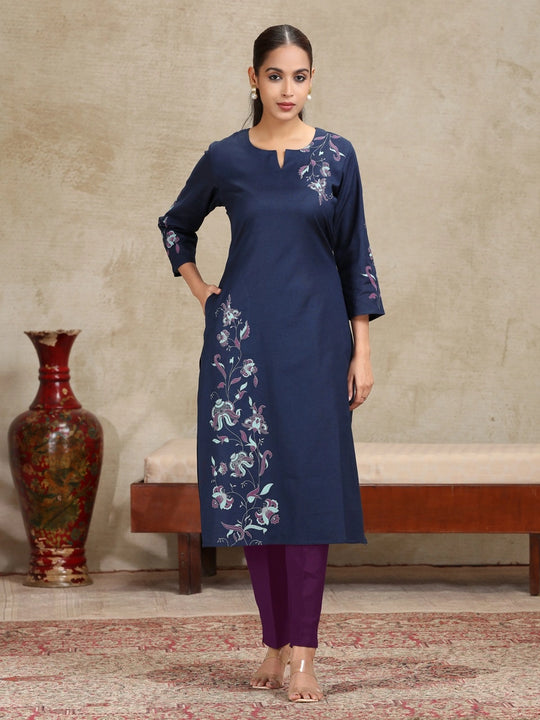 Navy Blue Floral Printed Straight Cotton Kurta
