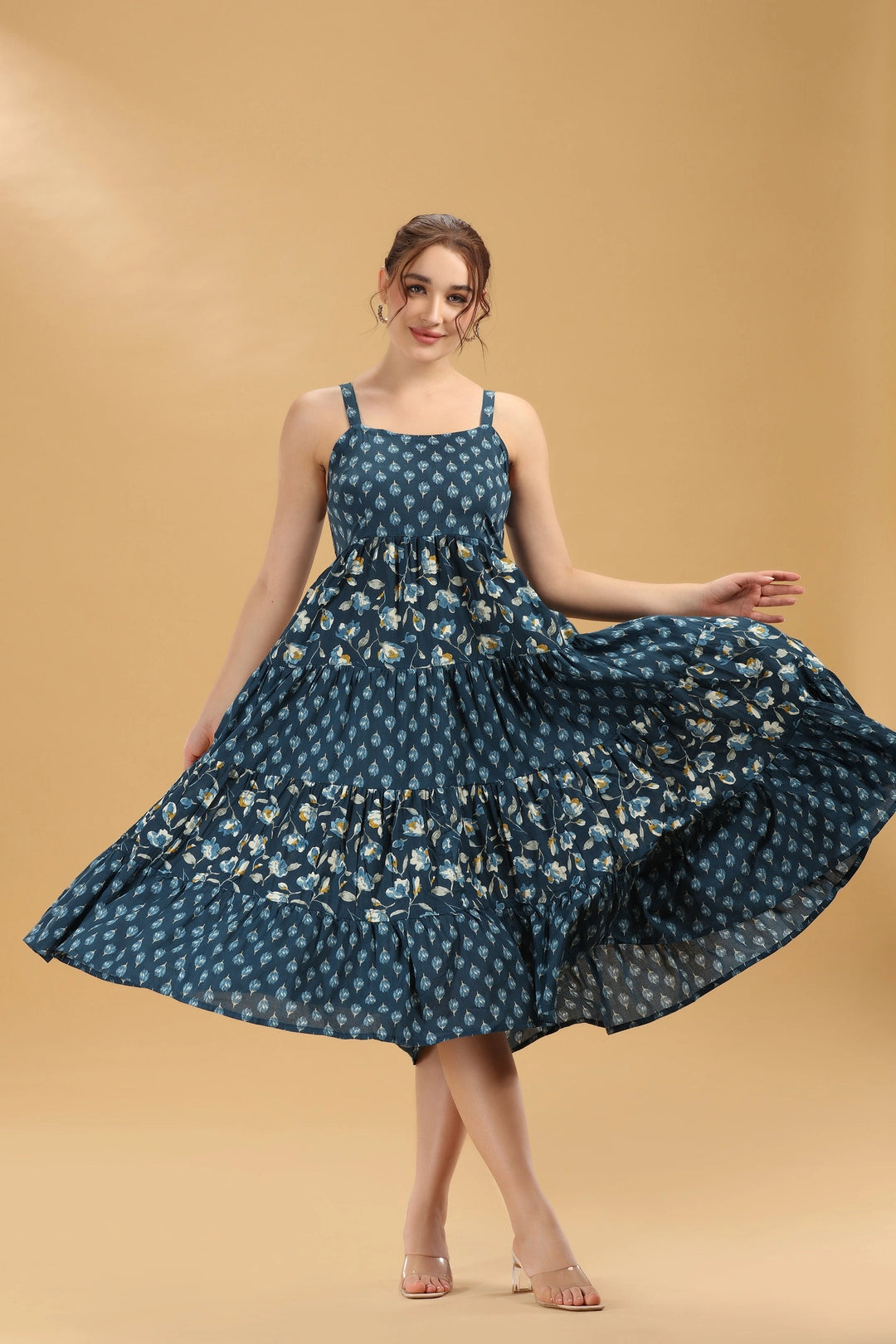Navy Blue Floral Printed Tiered Cotton Flare Dress