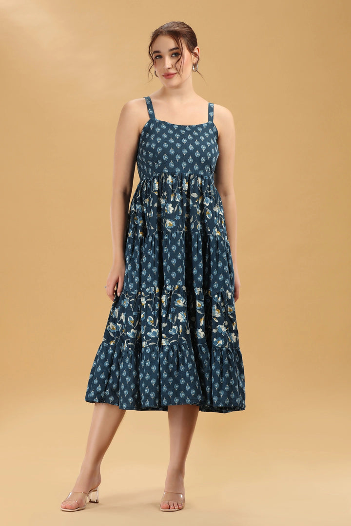 Navy Blue Floral Printed Tiered Cotton Flare Dress