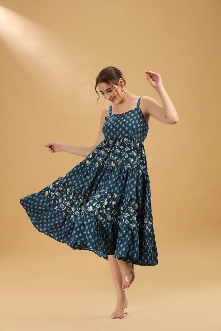 Navy Blue Floral Printed Tiered Cotton Flare Dress