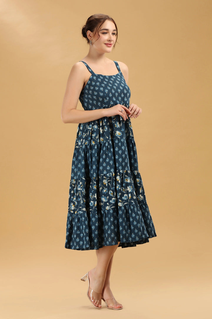 Navy Blue Floral Printed Tiered Cotton Flare Dress