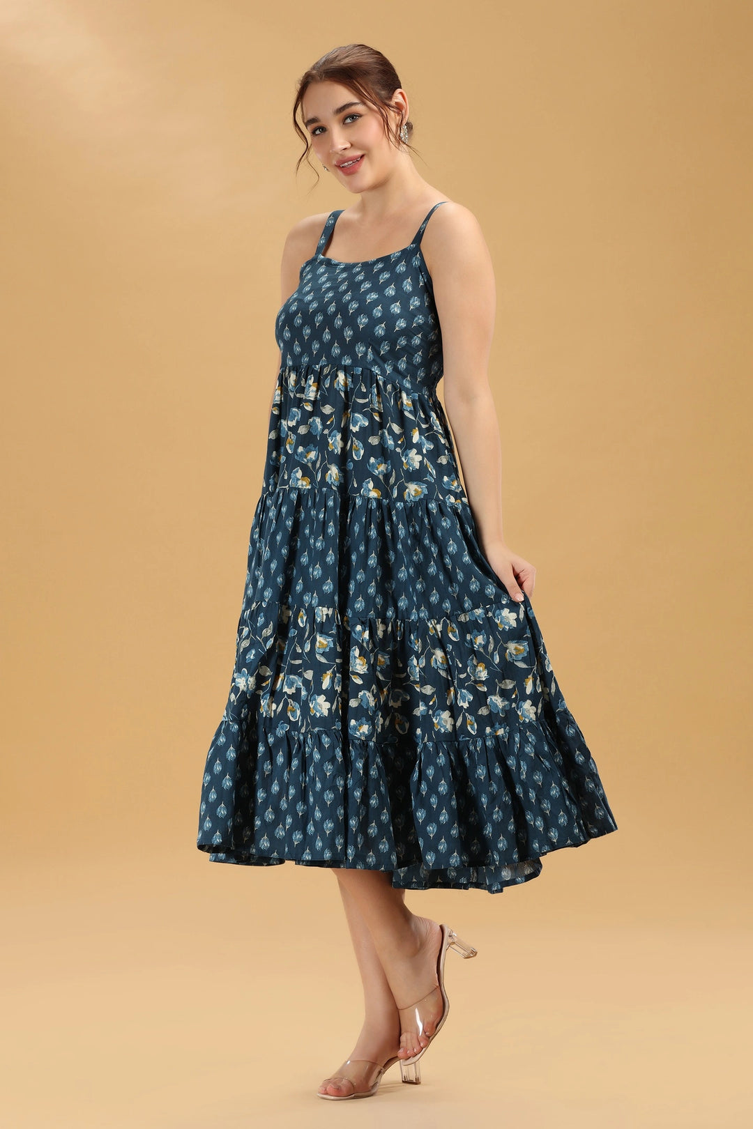 Navy Blue Floral Printed Tiered Cotton Flare Dress
