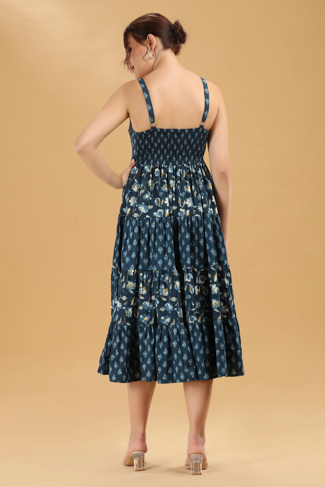 Navy Blue Floral Printed Tiered Cotton Flare Dress