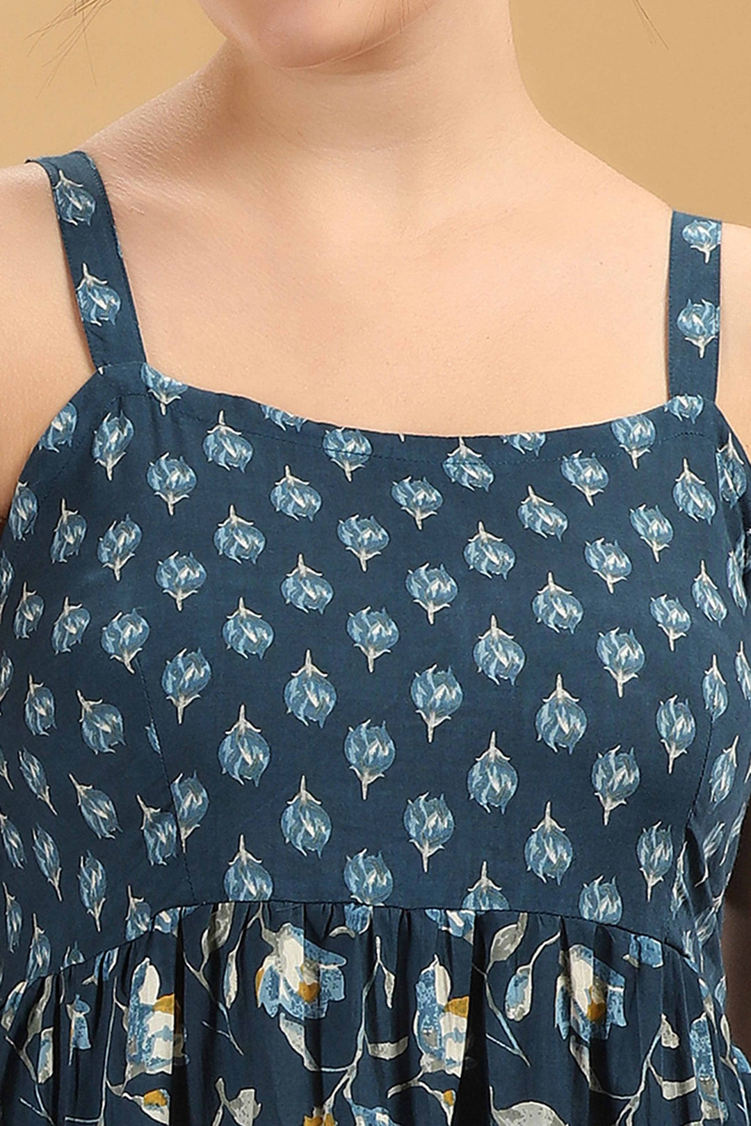 Navy Blue Floral Printed Tiered Cotton Flare Dress