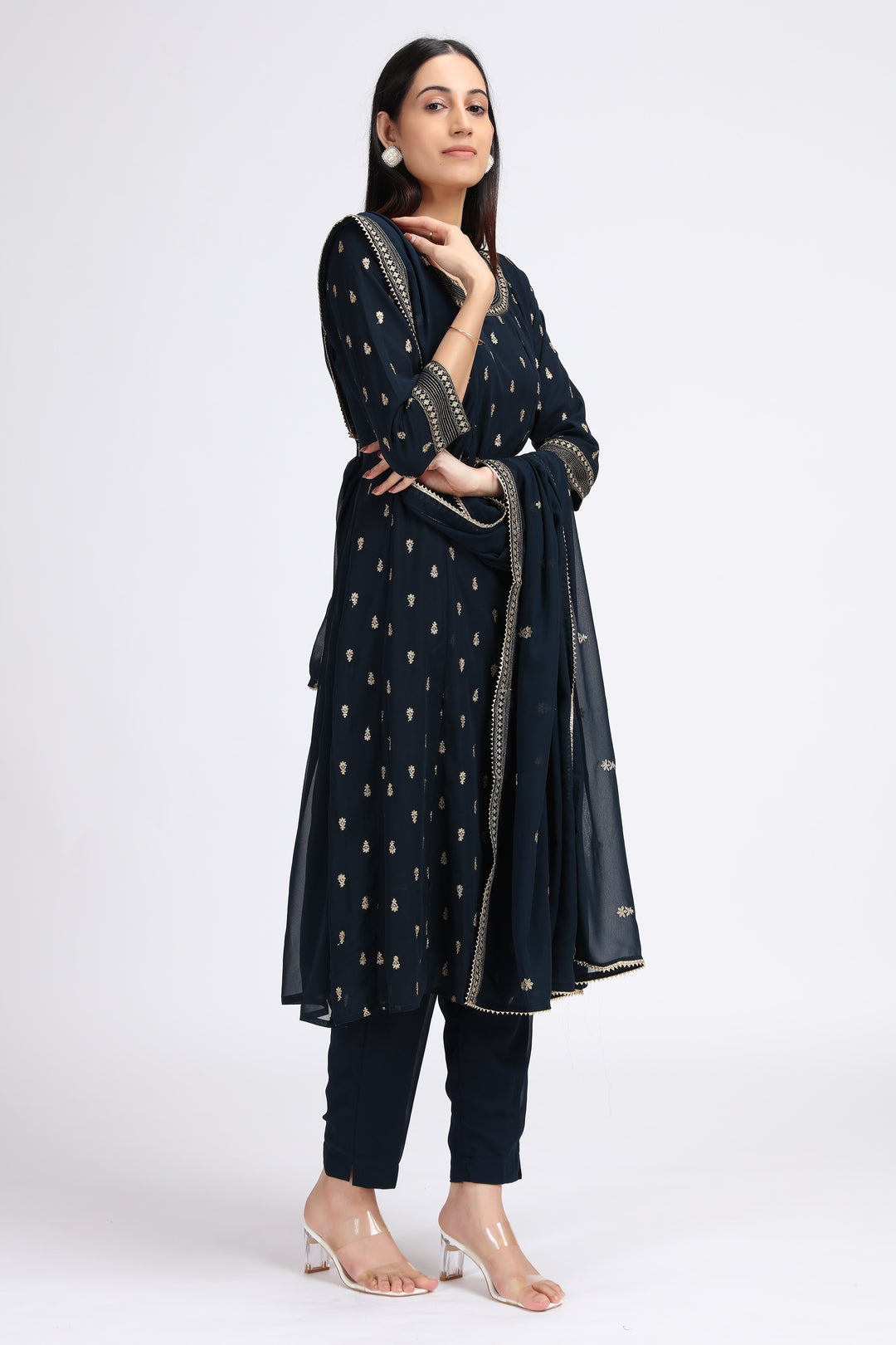 Navy Blue Georgette Embroidered A Line Kurta Pant and Dupatta Suit Set