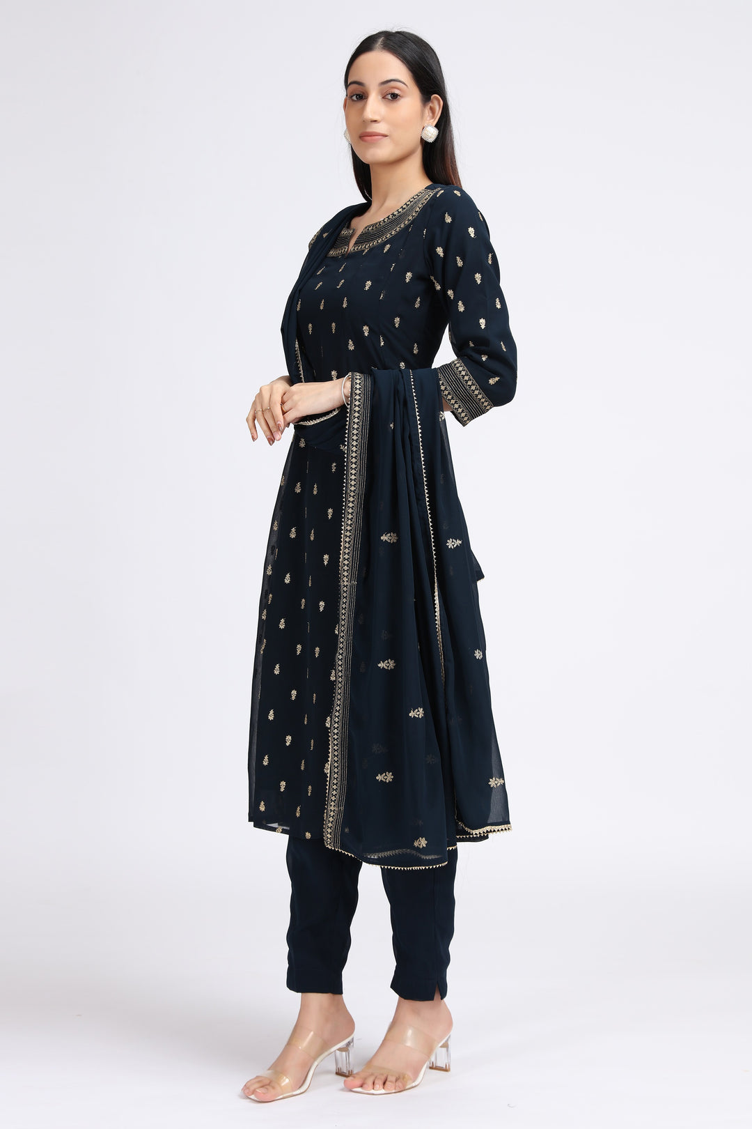Navy Blue Georgette Embroidered A Line Kurta Pant and Dupatta Suit Set