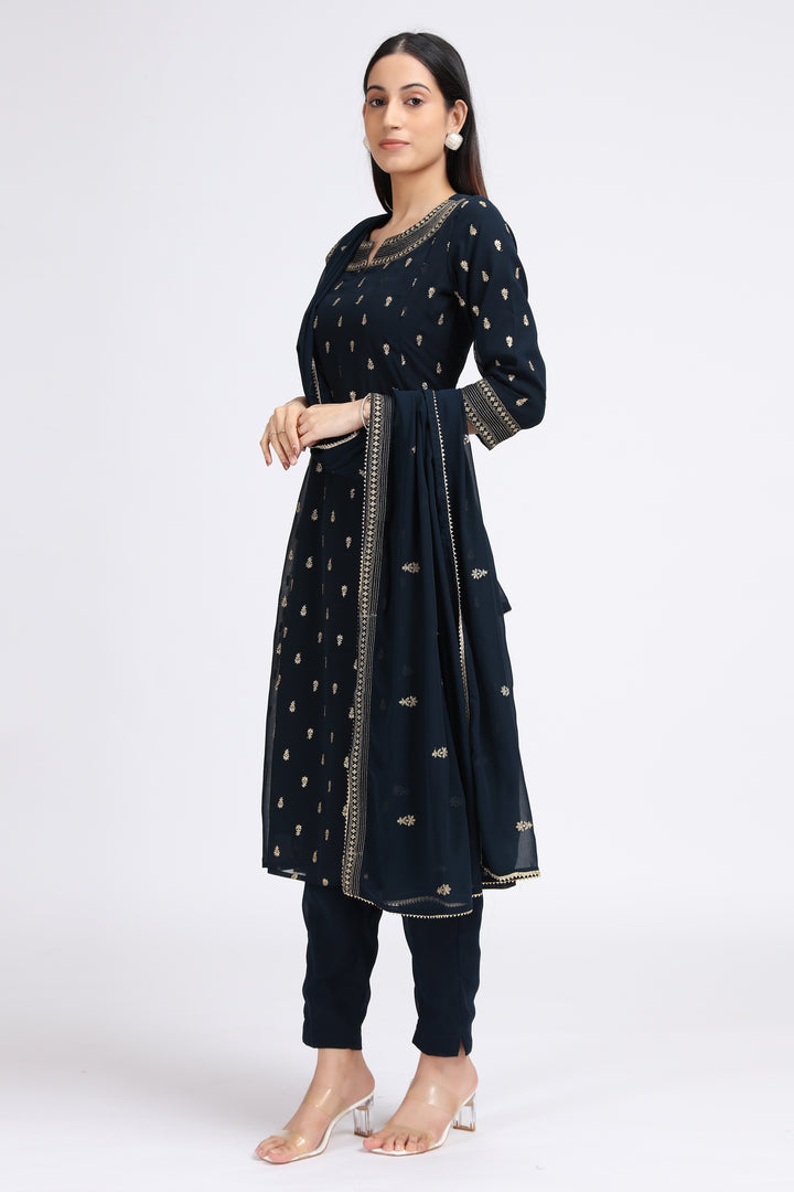 Navy Blue Georgette Embroidered A Line Kurta Pant and Dupatta Suit Set