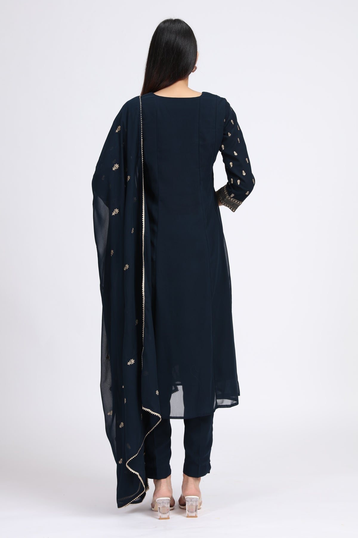 Navy Blue Georgette Embroidered A Line Kurta Pant and Dupatta Suit Set