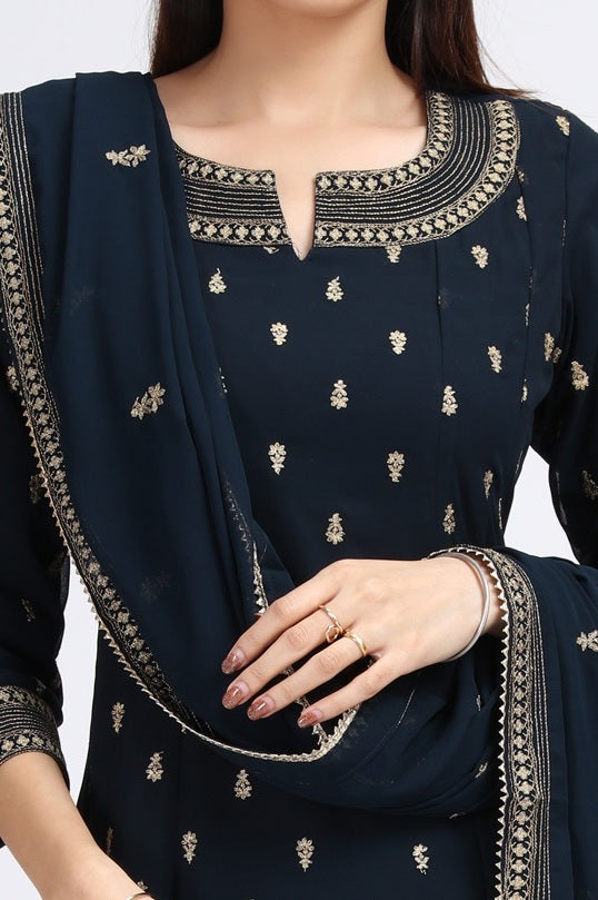 Navy Blue Georgette Embroidered A Line Kurta Pant and Dupatta Suit Set