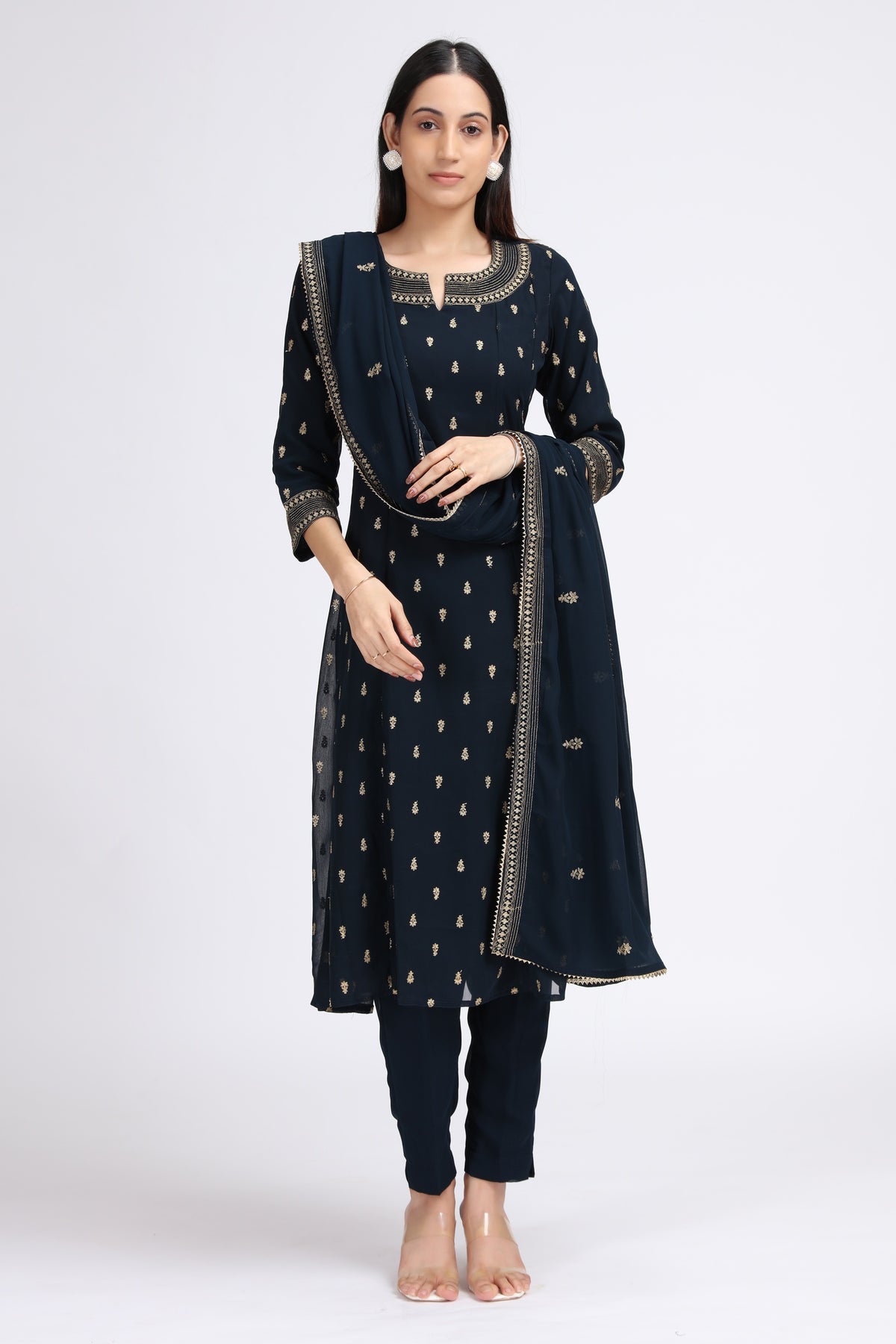 Navy Blue Georgette Embroidered A Line Kurta Pant and Dupatta Suit Set