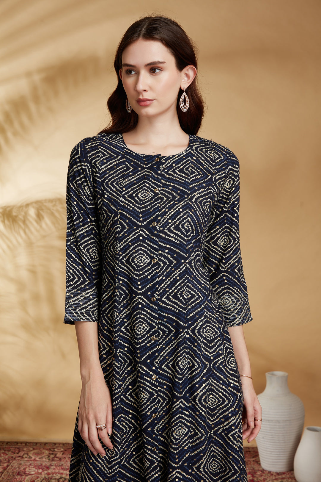 Navy Blue Argyle Printed Straight Kurta