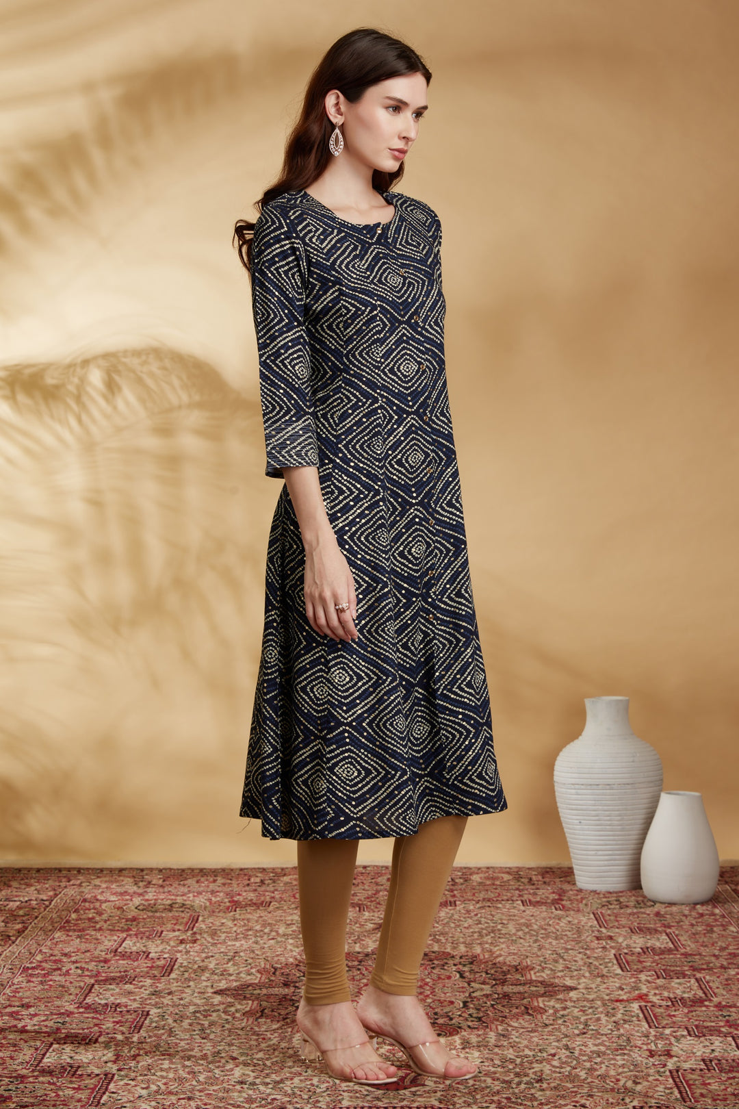 Navy Blue Argyle Printed Straight Kurta