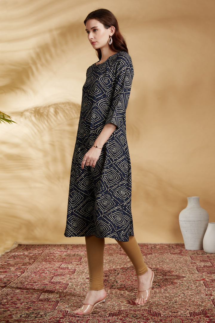 Navy Blue Argyle Printed Straight Kurta