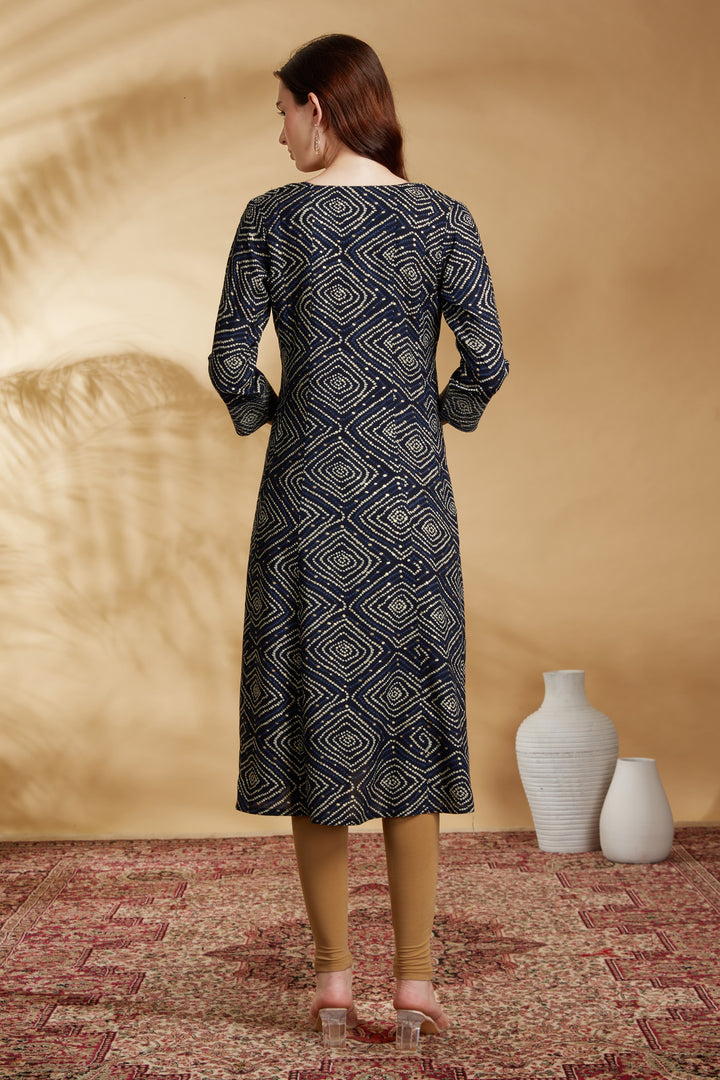 Navy Blue Argyle Printed Straight Kurta