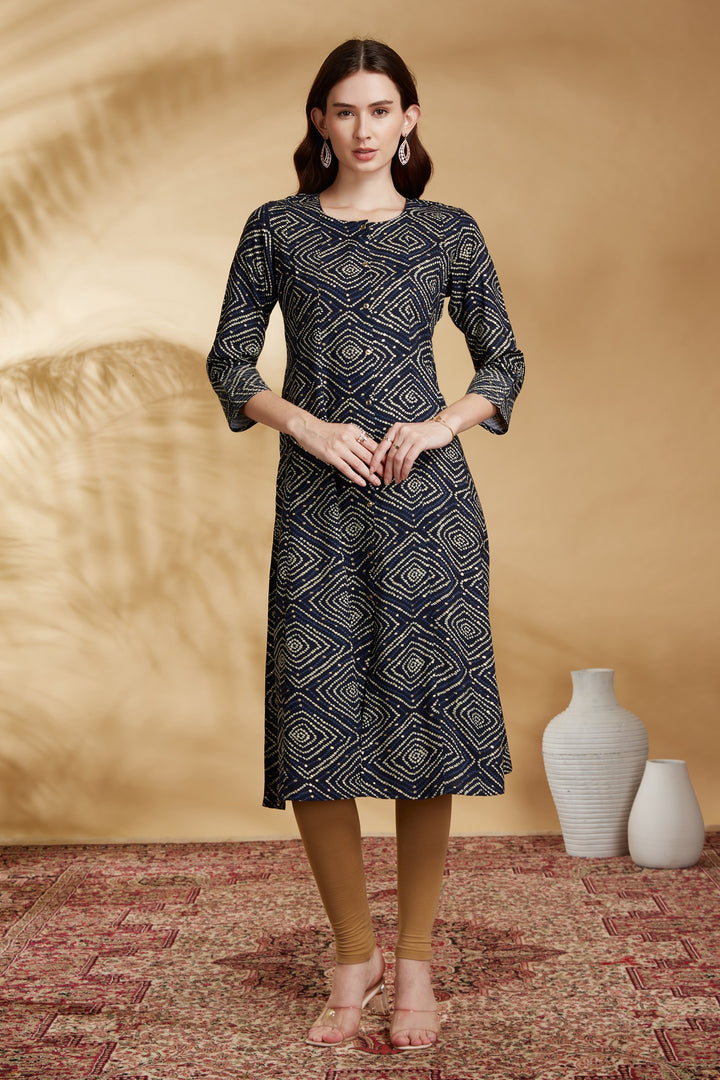 Navy Blue Argyle Printed Straight Kurta
