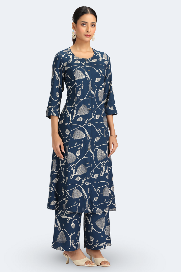 Navy Blue Rayon Floral Printed Straight Kurta Pant Co ord Set