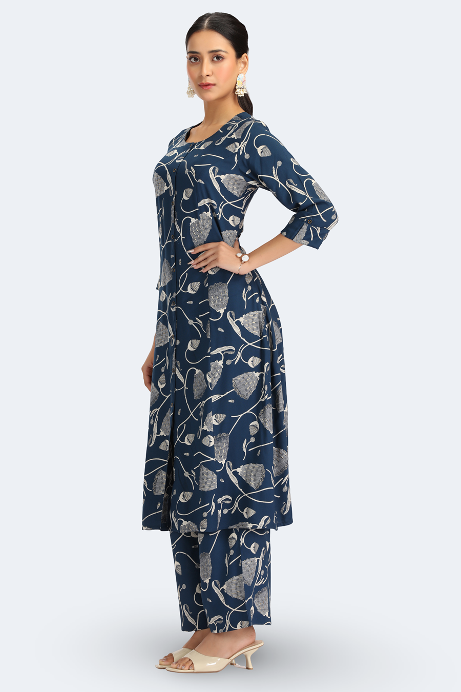 Navy Blue Rayon Floral Printed Straight Kurta Pant Co ord Set