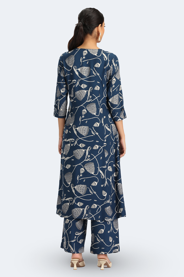 Navy Blue Rayon Floral Printed Straight Kurta Pant Co ord Set