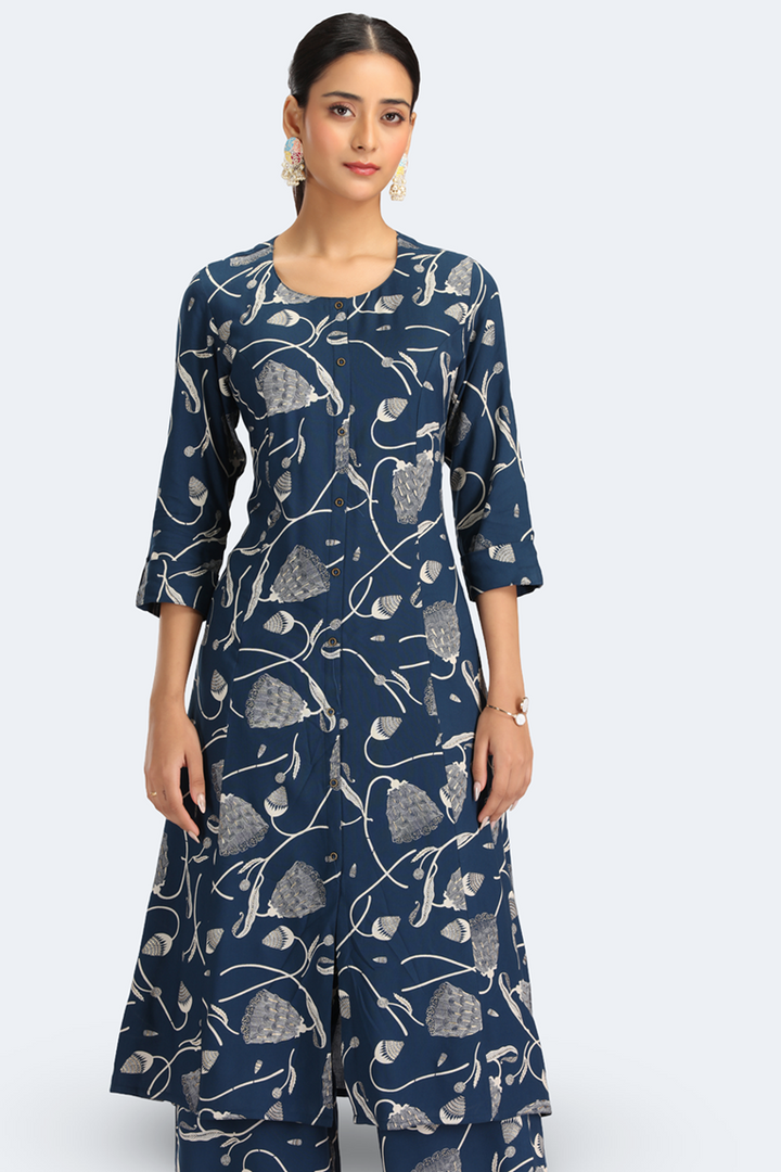 Navy Blue Rayon Floral Printed Straight Kurta Pant Co ord Set